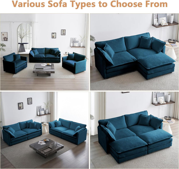 Luxury 2 Piece Loveseat Couch & Sofa Armchair Set, Modern Upholstered Chenille Cloud Couches Set Furniture with 5 Pillow for Living Room Bedroom Office Apartment, Blue