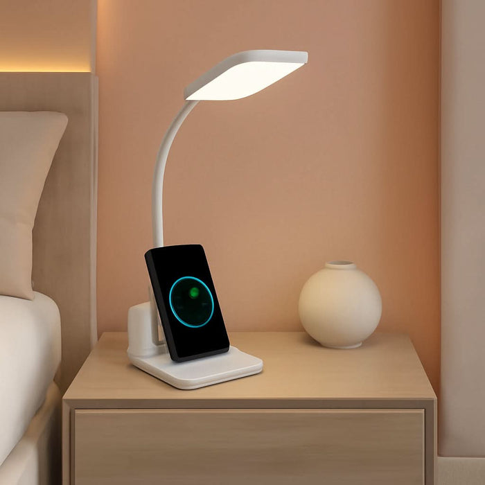 Upgraded LED Desk Lamp with Wireless Charger, White Small Desk Light with Pen Holder, 3 Color Modes, CRI 85, 800 Lumen, Study Lamps for College Dorm Room, Home Office, Adapter Included