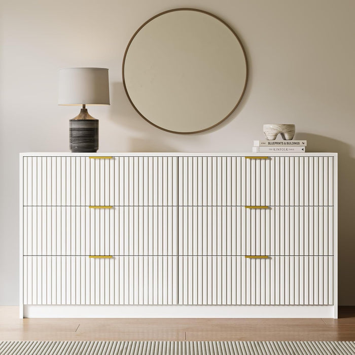55" Wide Fluted 6-Drawer Double Dresser for Bedroom, White