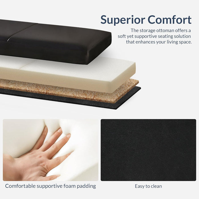 Storage Faux Leather Ottoman, 47 Inch Bench Bedroom Bench with Safety Close Hinge, Extra Long Ottoman with Storage for Living Room, Entryway, Hallway, Foot Rest, Support 300Lbs - Black