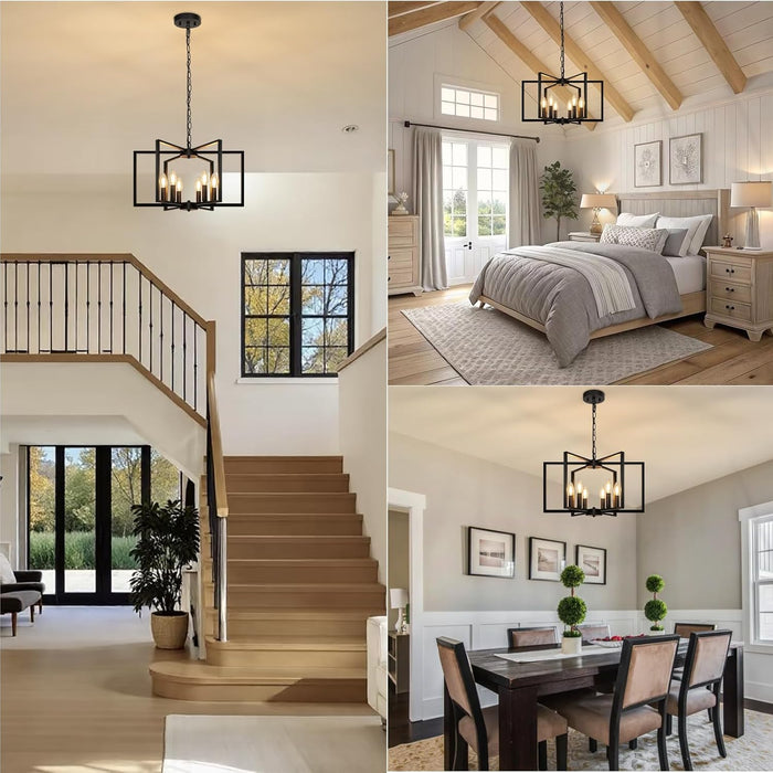 Black Farmhouse Chandelier, 6 Light Geometric Dining Room Light Fixture, Modern Industrial Metal Ceiling Light Rustic Hanging Pendant Lights with E12 Base for Kitchen Island Entryway Foyer, Indoor