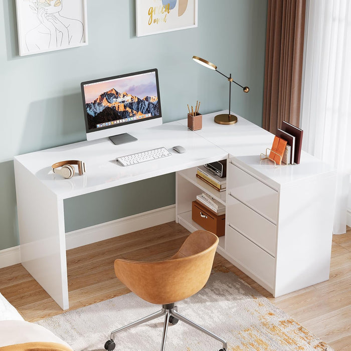 White L-Shaped Computer Desk with 3 Drawers, 55-Inch Modern Gloss Corner Home Office Executive Desk with LED Lights and 2 Storage Shelves for Work Study Writing