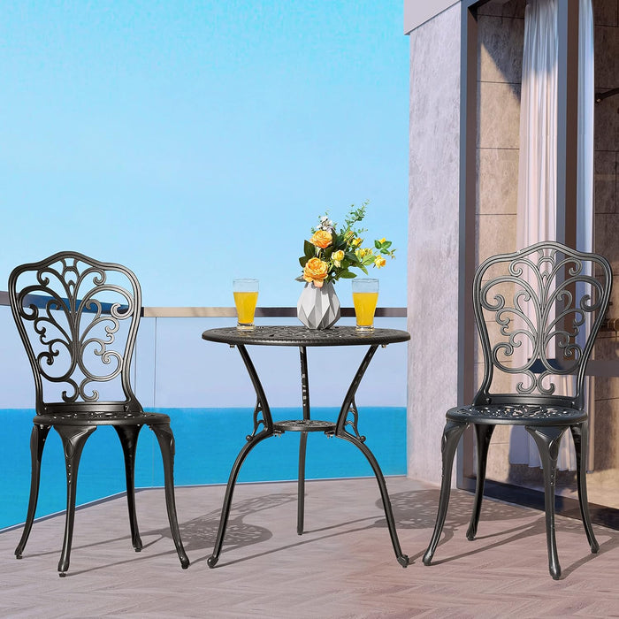 3 Piece Outdoor Bistro Table Set, All Weather Cast Aluminum Patio Bistro Sets Patio Table and Chairs Set of 2 with Umbrella Hole for Yard, Garden, Balcony, Black