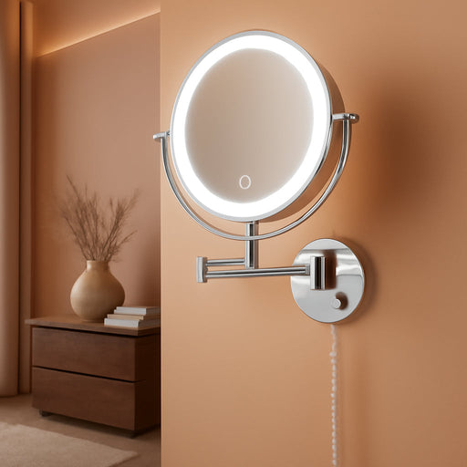 9” Wall Mounted Lighted Magnifying Mirror, 1X/10X Magnification Double-Sided LED Bathroom Mirror, 3 Color Lights & Stepless Dimming with Touch Sensor, Extendable Arm 360° Swivel for Shaving