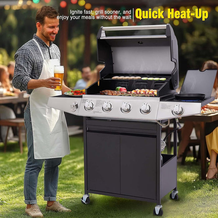 4-Burner Propane Gas Grill with Side Burner, Portable BBQ Grills with Oil Tray and Built-In Thermometer for Outdoor Barbecue, Camping, Patio, Backyard, 49,000 BTU