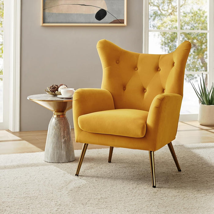 Velvet Mustard Wingback Accent Armchair With Tufting