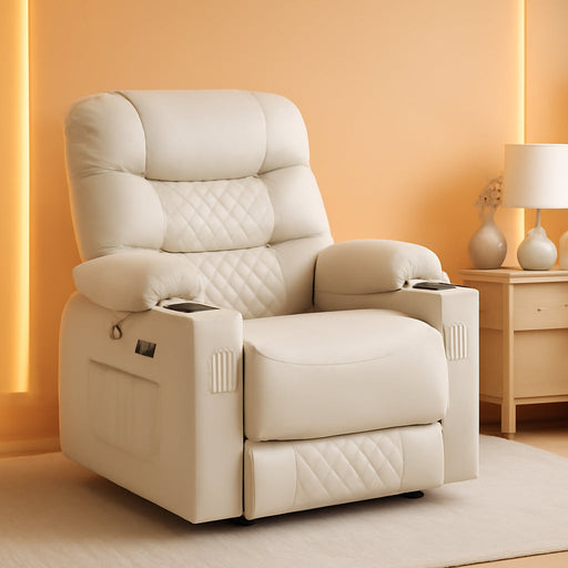 Power Recliner Chair with Heat and Vibration, Cup Holder, USB Port, Extended Footrest, Faux Leather, Electric Reclining Sofa for Living Room PR621 (Light Grey)