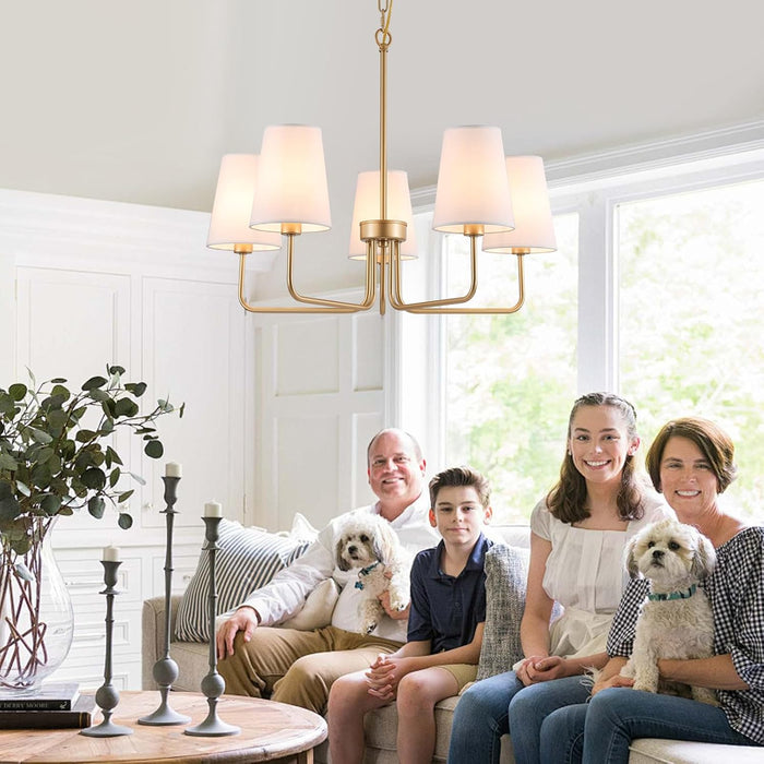 Farmhouse Chandelier, 5-Lights Visual Comfort Gold Light, Muted Gold with White Fabric Shade, Linear Island Lighting Fixture for Kitchen, Dining Room
