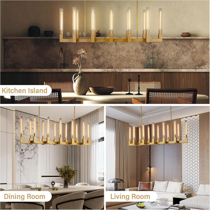 Glass Tube Chandelier Gold Rectangular Dining Pendant