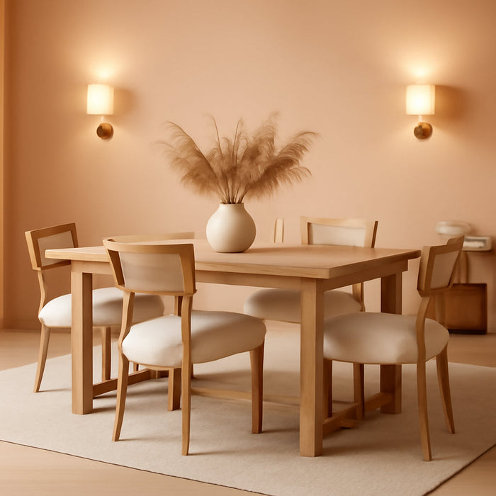 Mid Century Modern Rattan Dining Chairs Set of 4, Farmhouse Linen Upholstered Accent Chair Curved Backrest Kitchen Chairs, with Hardwood Frame, Beige