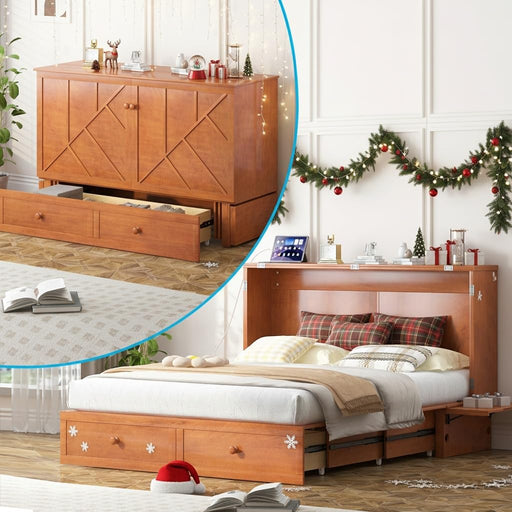 Cherry Solid Wood Murphy Bed CabinetWithUSBPort Queen