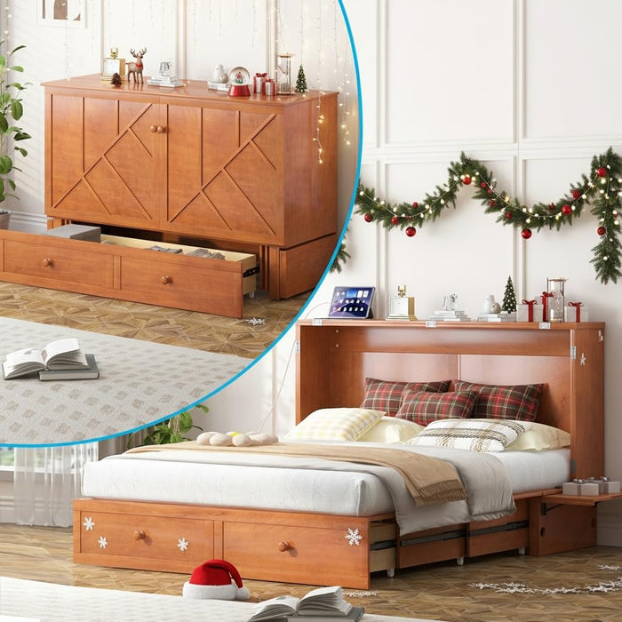 Cherry Solid Wood Murphy Bed CabinetWithUSBPort Queen