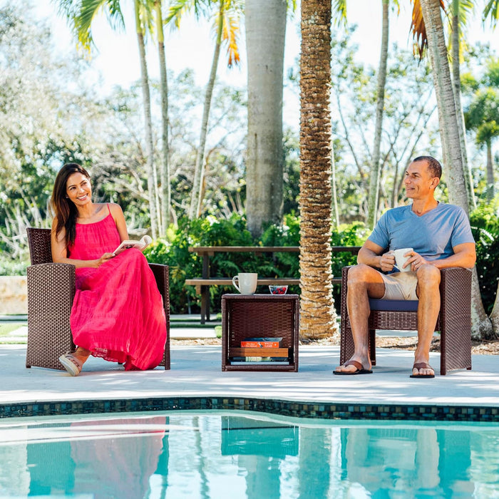 Wicker Outdoor Furniture Set - 3 Piece Patio Bistro Set (Brown/Navy)