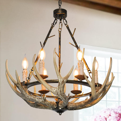 Six-Light Rustic Antler Chandelier With Wagon Wheel