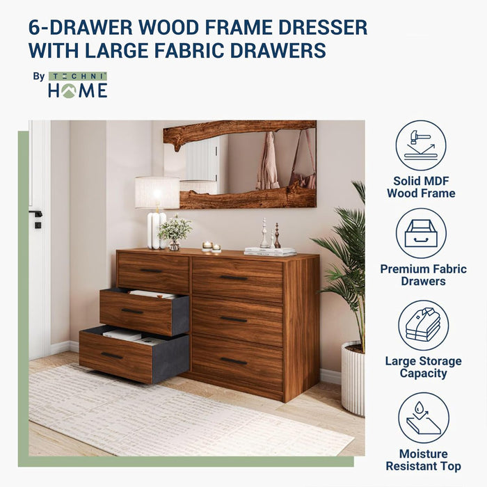 6-Drawer Dresser W/Fabric Drawers, Modern,Storage Chest,Walnut