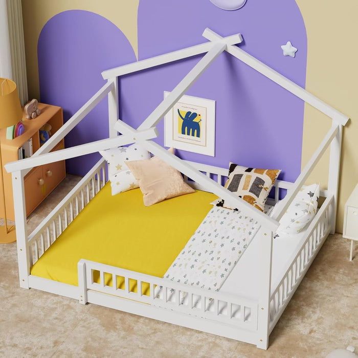 Queen House Floor Bed White MontessoriPlayhouse Fence