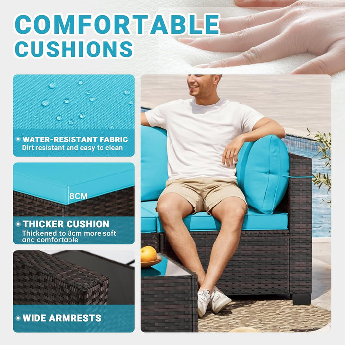7-Piece Outdoor Patio Furniture Sets, Manual Weaving Rattan Conversation Sectional Sofa with Tempered Glass Coffee Table, All-Weather PE Wicker & Thick Cushions for Garden, Backyard, Porch