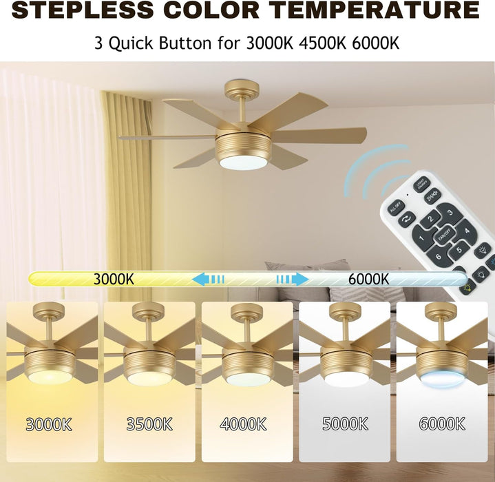 42 Inch Ceiling Fan with Lights and Remote, 6 Blade App Control Timer Reversible Stepless Brightness and Color Temperature Outdoor Wood Ceiling Fan with Lights (Gold, 42 Inch)