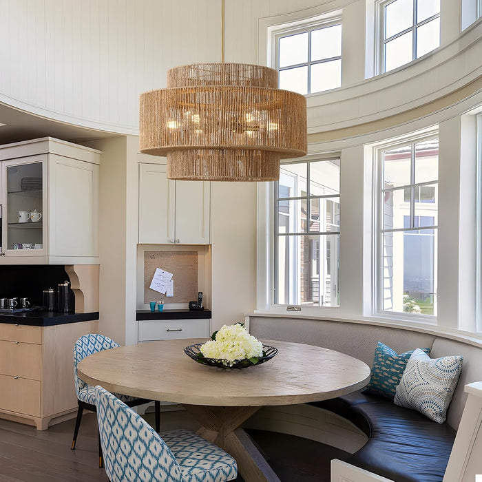 24"Large Boho Rattan Farmhouse Chandeliers for Dining Room,6-Light Hand Woven Pendant Light Fixture, 3-Tier Rustic Wicker Chandeliers for Living Room, Kitchen Island, Entryway,Hallway, Foyer