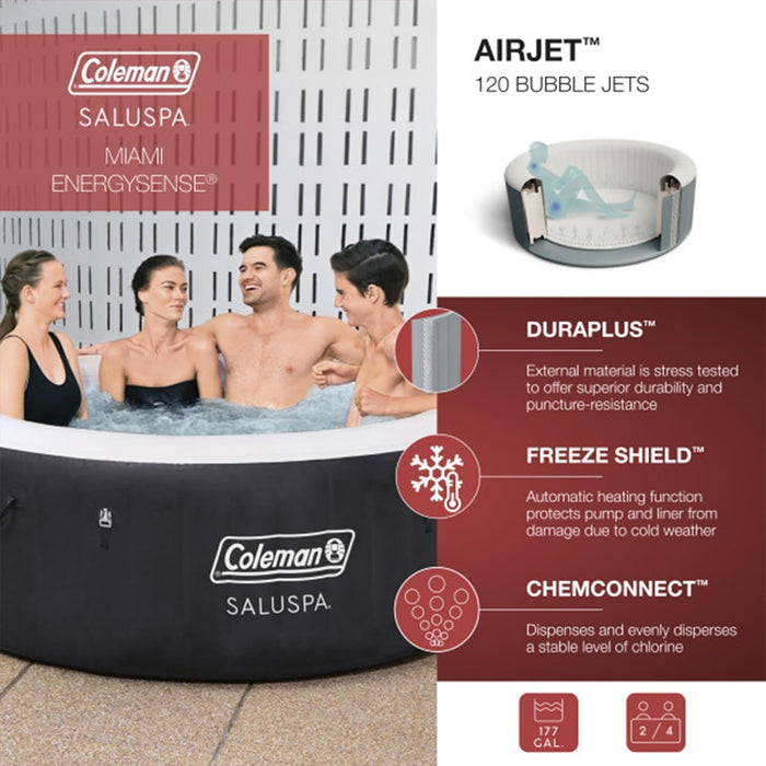 Miami Airjet Large round 2 to 4 Person Inflatable Hot Tub Portable Outdoor Spa with 120 Airjets and Energysense Cover, Black