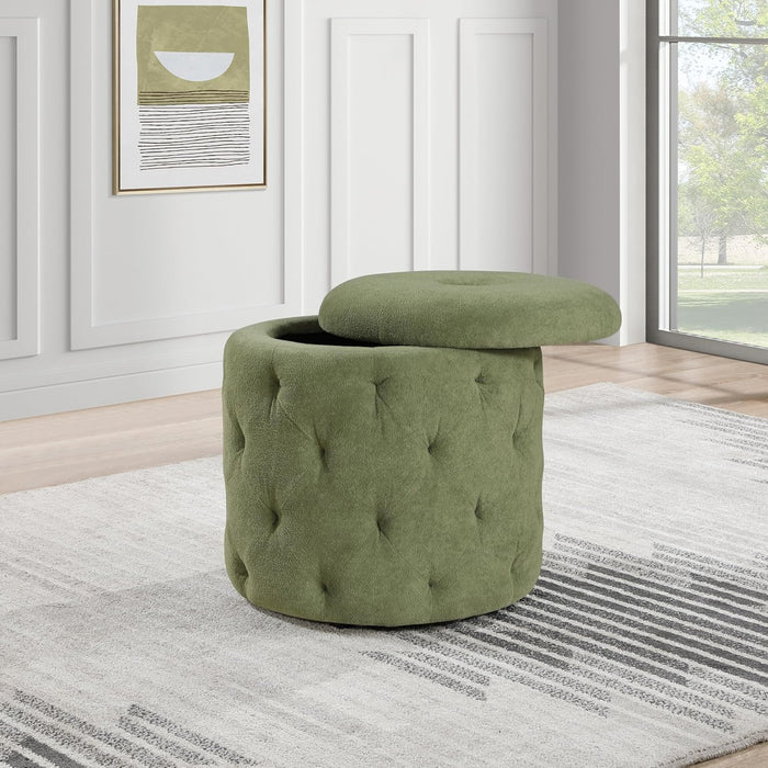 Erindale round Storage Ottoman, 18.75 Inch Diamond Tufted, Plush Lined Interior, Moss Green Fabric