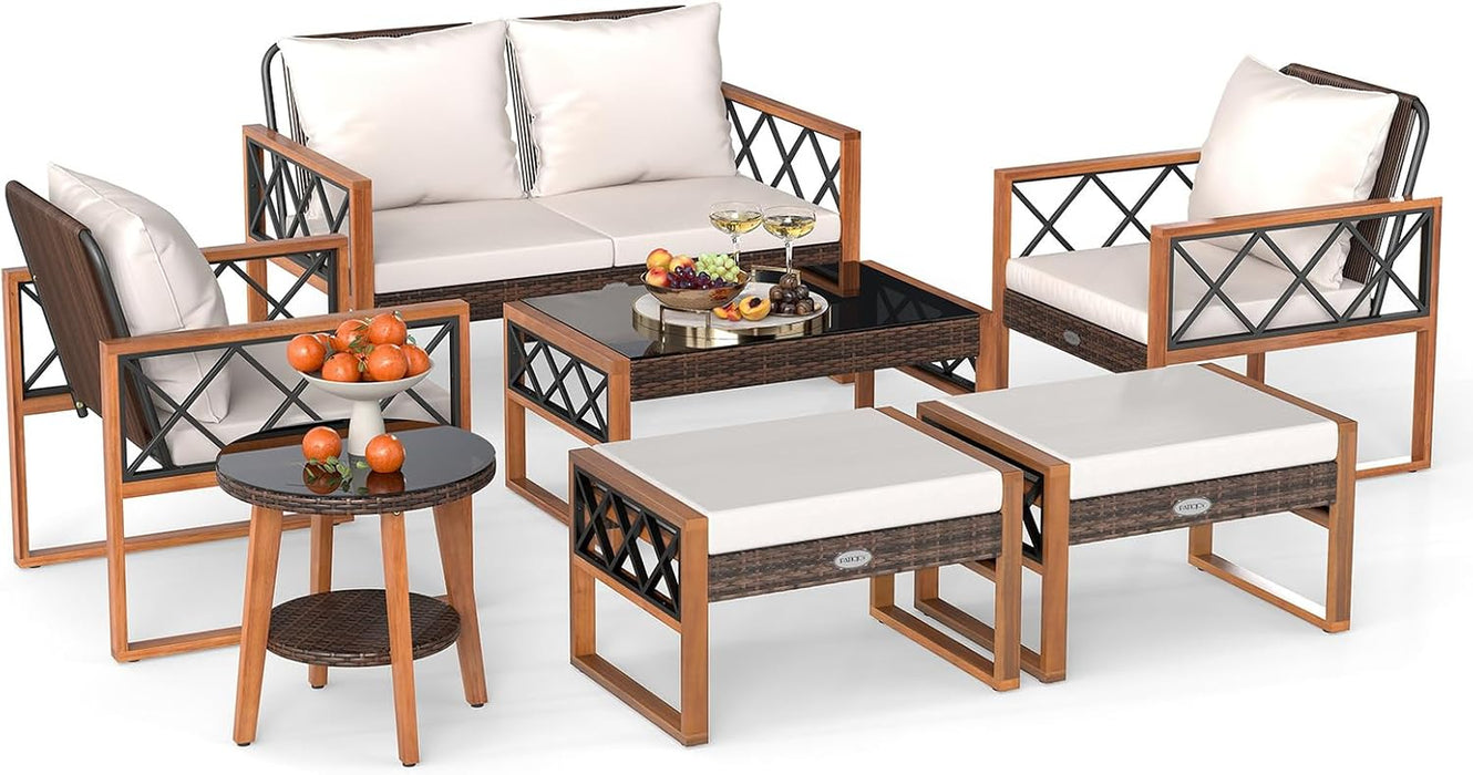 7 Pieces Patio Furniture Conversation Set, Wicker Acacia Wood Outdoor Cushioned Chairs Set with Ottomans, and 2 Tables, for Garden, Deck and Backyard