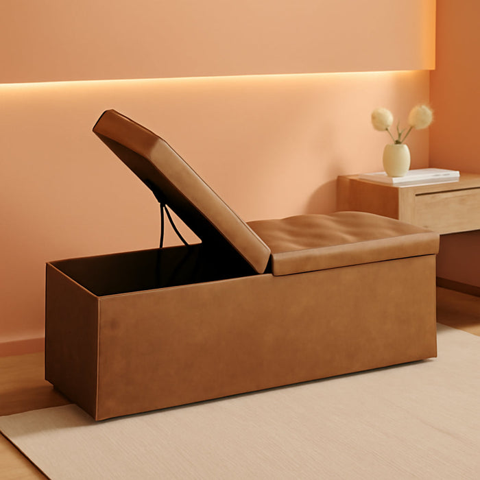 MAZIE Collection - 43 Inches Storage Ottoman Bench with Flipping Lid, Storage Chest with Iron Frame Support, Load 660 Lb, for Living Room, Bedroom, Synthetic Leather, Coffee Brown ULSF075K01