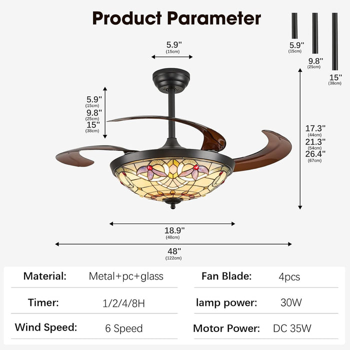 48" Tiffany Retractable Ceiling Fan with Light - (Red Dot, Black)