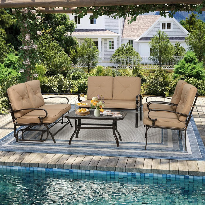 5-Piece Outdoor Metal Furniture Sets Patio Conversation Set Wrought Iron Glider, 2 Single Chairs, Loveseat and Coffee Table, Brown