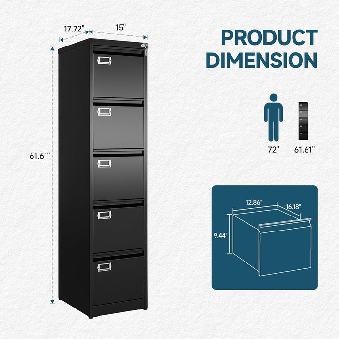 5 Drawer File Cabinet, Black Vertical Filing Cabinets with Lock, Home Office File Folders Storage Cabinet for Letter Legal File Size.