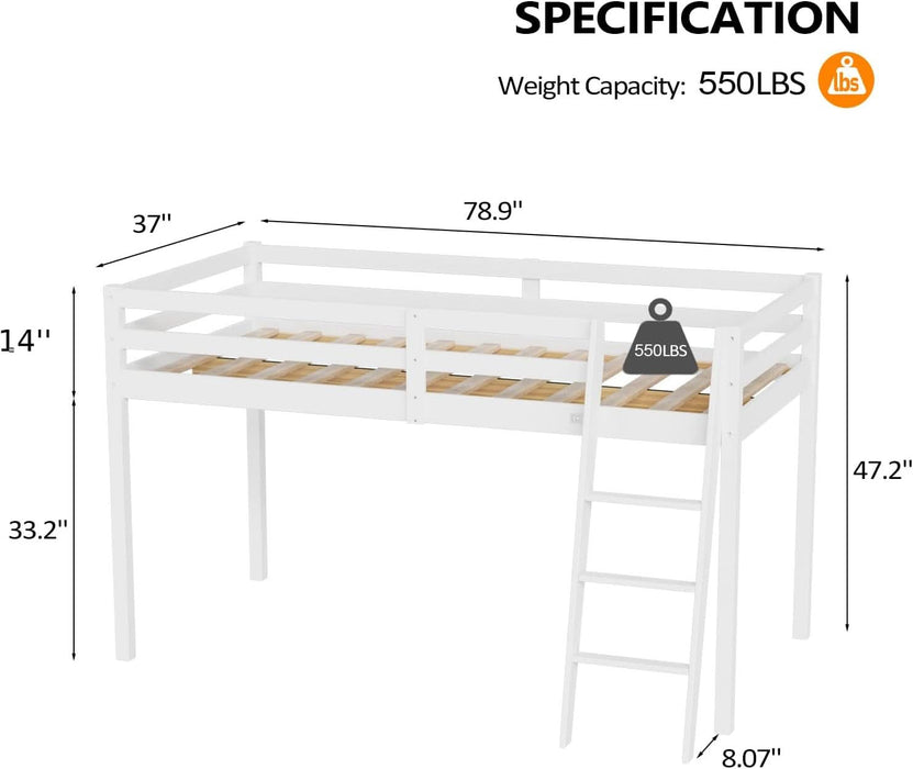 47'' Tall Junior Low Loft Bed with Stairs, White Wood Loft Bed Twin Size for Adults, Kids and Young Teens, No Box Spring Required,Wood Slat Support