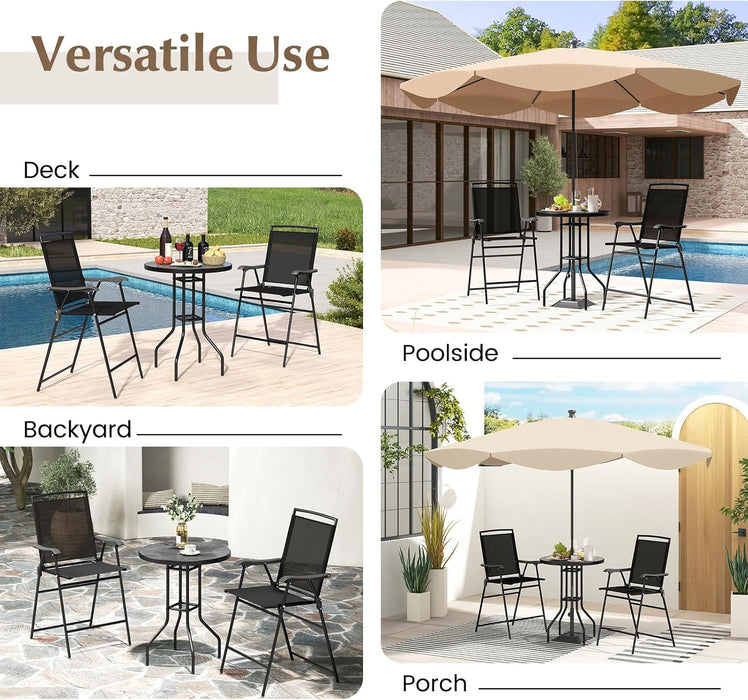 3 PCS Patio Table and Chairs Set, Bistro Furniture with DPC Tabletop, Umbrella Hole, Outdoor Bar Set with round Table and 2 Folding Counter Height Chairs for Poolside, Deck, Porch, Black