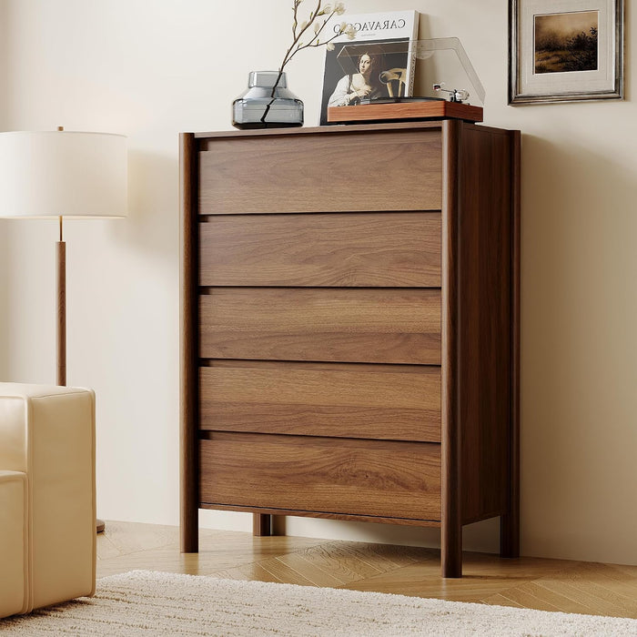 Walnut Dresser for Bedroom,45"Tall 5 Drawer Mid Century Modern Chest