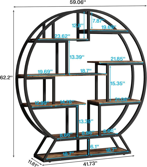 Bookshelf, round Bookshelves Etagere Bookcase, 63 Inch Industrial Wood Book Shelf with Staggered Shelves, Rustic Open Shelving Organizer Rack Display Shelf for Home Office, Living Room