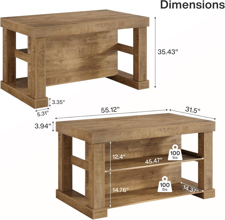 Bar Table, 55-Inch Counter Height Pub Table with Storage Shelves, High Top Kitchen Dining Table, Rectangle Wood Home Bar Unit for Dining Room, Bistro, Rustic Brown