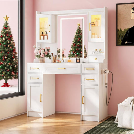 Large Vanity Desk with Mirror and Lights - 7 Drawers & 4 Cabinets Extra Storage Capacity, Makeup Vanity Table with 3-Color Adjustable LED for Bedroom (043 No Bench, 42.1 * 15.75 * 57.7In)