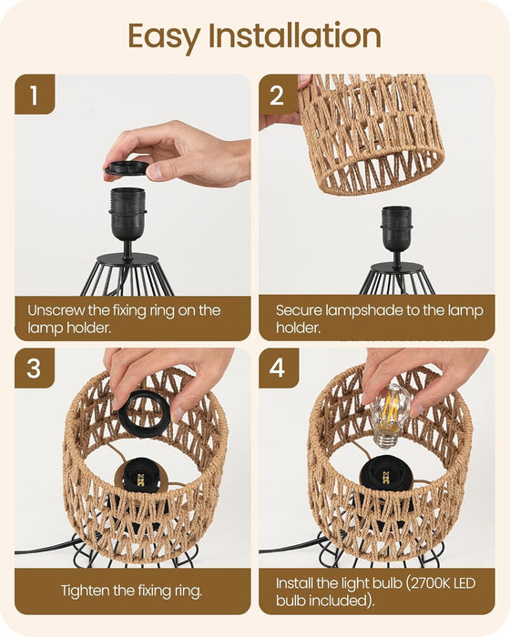 Small Bedside Lamp, Boho Table Lamp with Handwoven Paper Lampshade & Black Metal Base, Rattan Desk Lamp, Modern Nightstand Lamp for Bedroom, Living Room, 2700K LED Bulb Included, HW06TL05