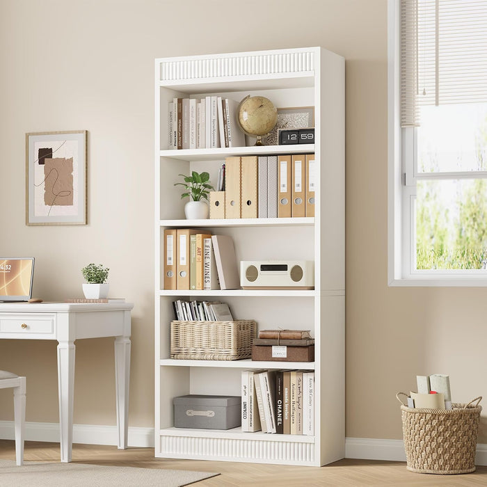 71 in Farmhouse Bookcase W/Double Fluted Design, 5 Tier Tall Bookshelf with Wooden Base, Wooden Bookshelf Rustic Vintage Book Shelf for Office Library (White, 70.8" H X 30" W X 11.9" D)
