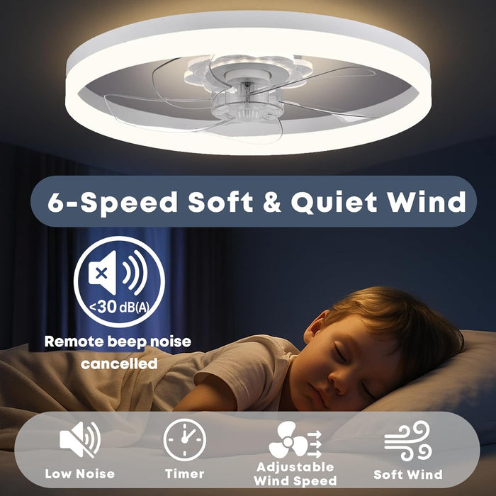 24'' Ceiling Fan with Light, Upgraded Low Profile Ceiling Fan with Light, Dimmable Flush Mount Ceiling Fan with Light, Fan Light, 6 Speeds, App & Remote Control, Quiet Fan for Bedroom, Kitchen