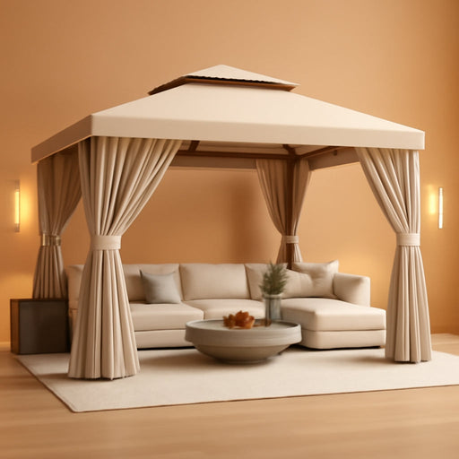 12'X10' Gazebo, Outdoor Gazebo Metal Frame Canopy with Double Roofs, Heavy Duty Patio Tent Shelter with Mosquito Netting and Privacy Screen for Backyard, Beige