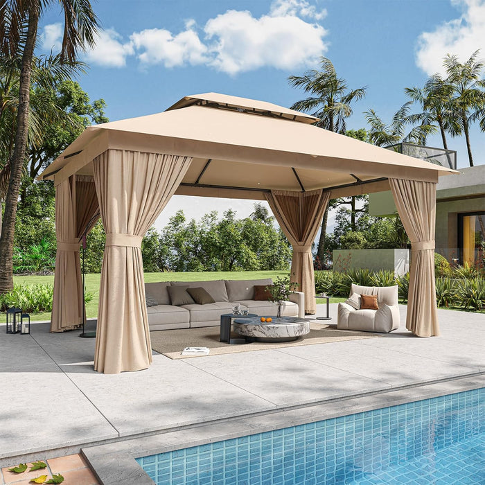 12'X10' Gazebo, Outdoor Gazebo Metal Frame Canopy with Double Roofs, Heavy Duty Patio Tent Shelter with Mosquito Netting and Privacy Screen for Backyard, Beige