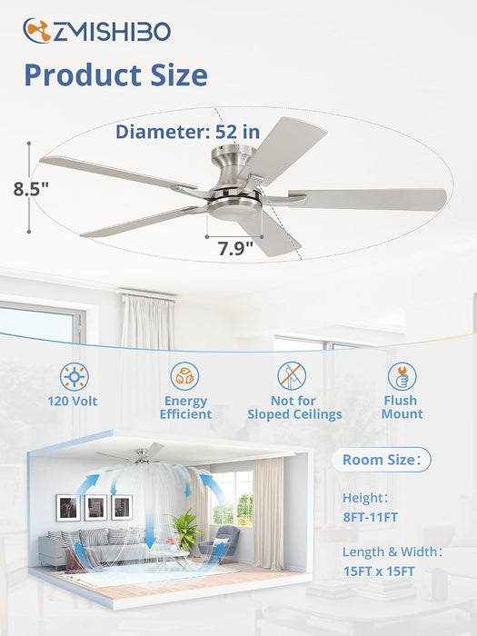 52-Inch Brushed Nickel Flush Mount Ceiling Fan