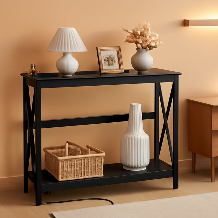 Yaheetech 40" Console Table with Power Outlets and USB Ports, Wood Entryway Table with Charging Station & Storage Shelf, Narrow 2-Tier Sofa Table for Living Room Hallway Foyer, Black