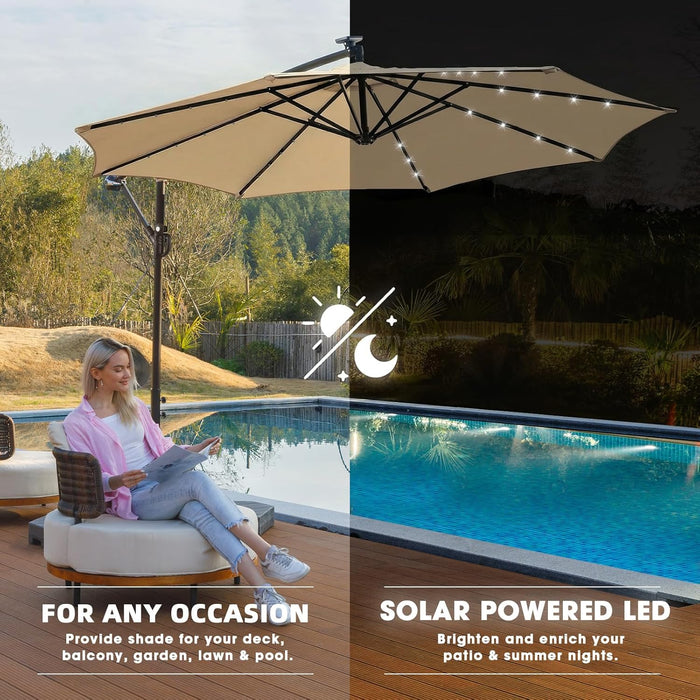 10Ft Solar LED Offset Patio Umbrella, Outdoor Cantilever Patio Umbrellas with Solar Lights for Backyard, Poolside and Garden, Easy Tilt Adjustment, 32 LED Lights & Polyester Shade, Tan