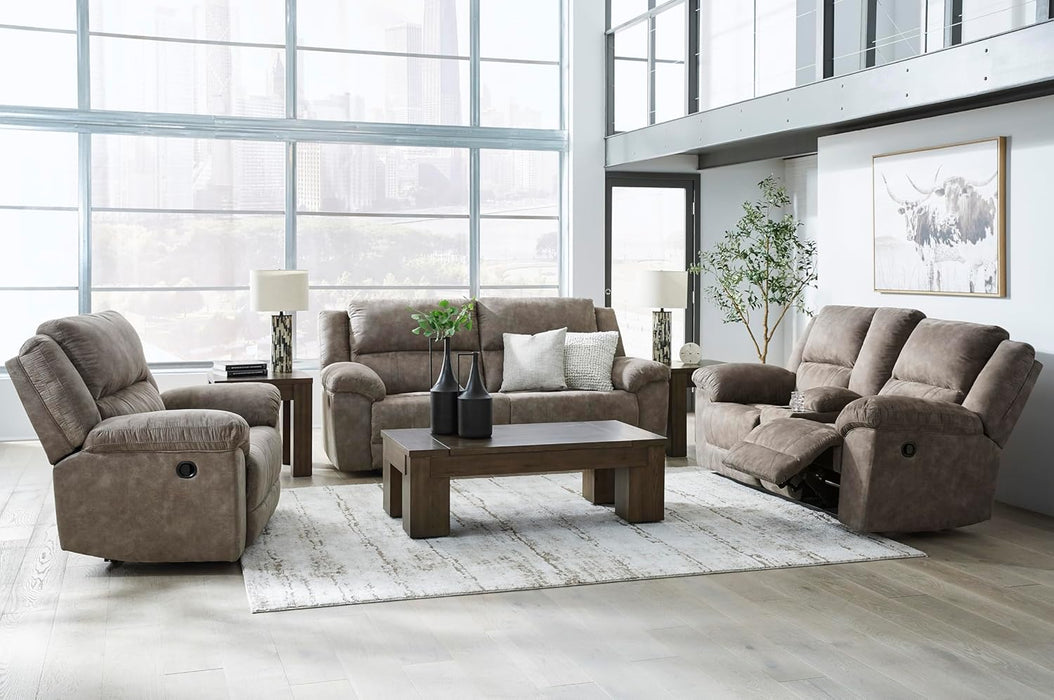 Laresview Contemporary Faux Leather Manual Double Reclining Loveseat with Console, Storage and Cup Holders, Gray