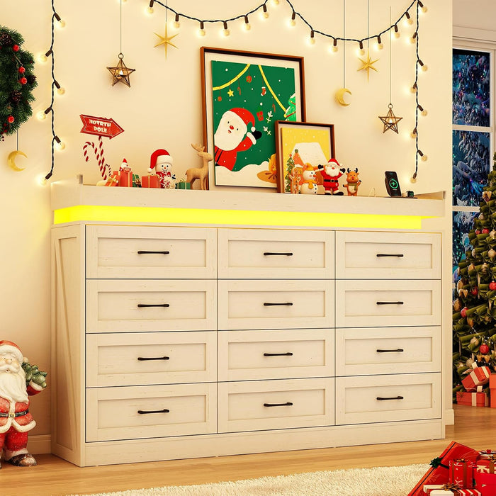 71" Wide 46" Tall Large Farmhouse 12 Drawers Dresser for Bedroom with LED Light and Power Outlets,Wood Rustic 12 Chests of Drawers for Closet,Tall Storage Dresser Organizer for Bedroom(White)