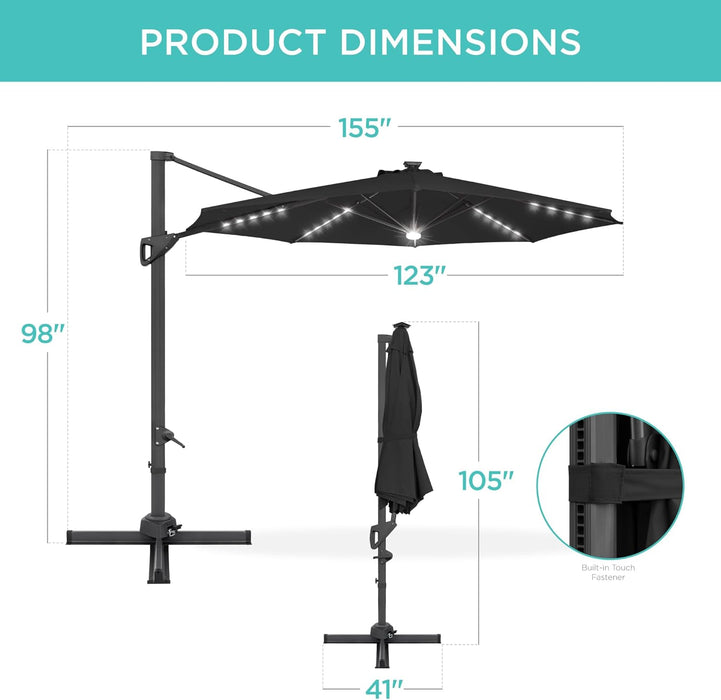 10Ft Solar LED Cantilever Patio Umbrella, 360-Degree Rotation Hanging Offset Market Outdoor Sun Shade for Backyard, Deck, Poolside W/Lights, Easy Tilt, Cross Base