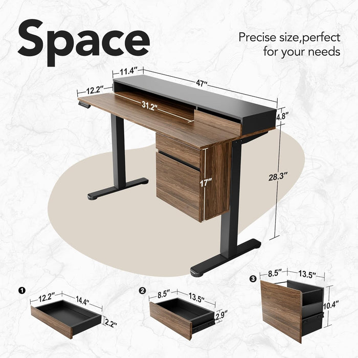 Standing Desk with Drawers and File Cabinet, 47 Inch Electric Height Adjustable Desk with Storage, Ergonomic Stand up Table Compatible with Monitor Stand, Black Walnut