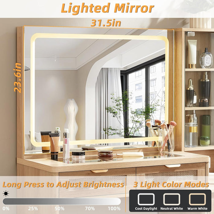 Rattan Vanity Desk with Mirror and Lights, 43.5'' Boho Makeup Vanity with 6 Drawers and Adjustable Shelves, Natural Wood Make up Vanity Dressing Table with Glass Top, Power Outlet for Bedroom