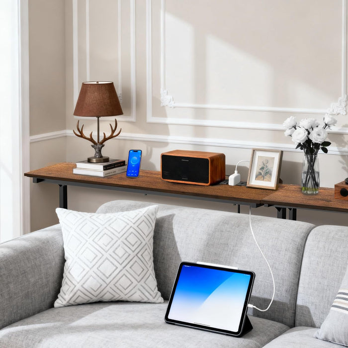 90 Inch Narrow Console Table with Outlet,Adjustable Height(25"-37") behind Sofa Table,Couch behind Table Skinny,Couch Shelf with Charging Station,Long Entryway Tables for Living Room, Brown